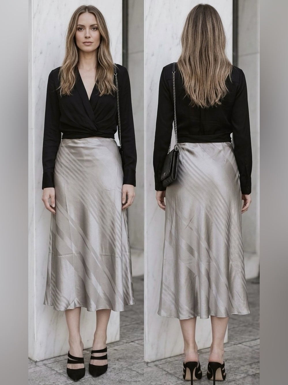 NWT Anthropologie Current Air Eve Metallic Silver Stripe Satin Bias Midi Skirt M